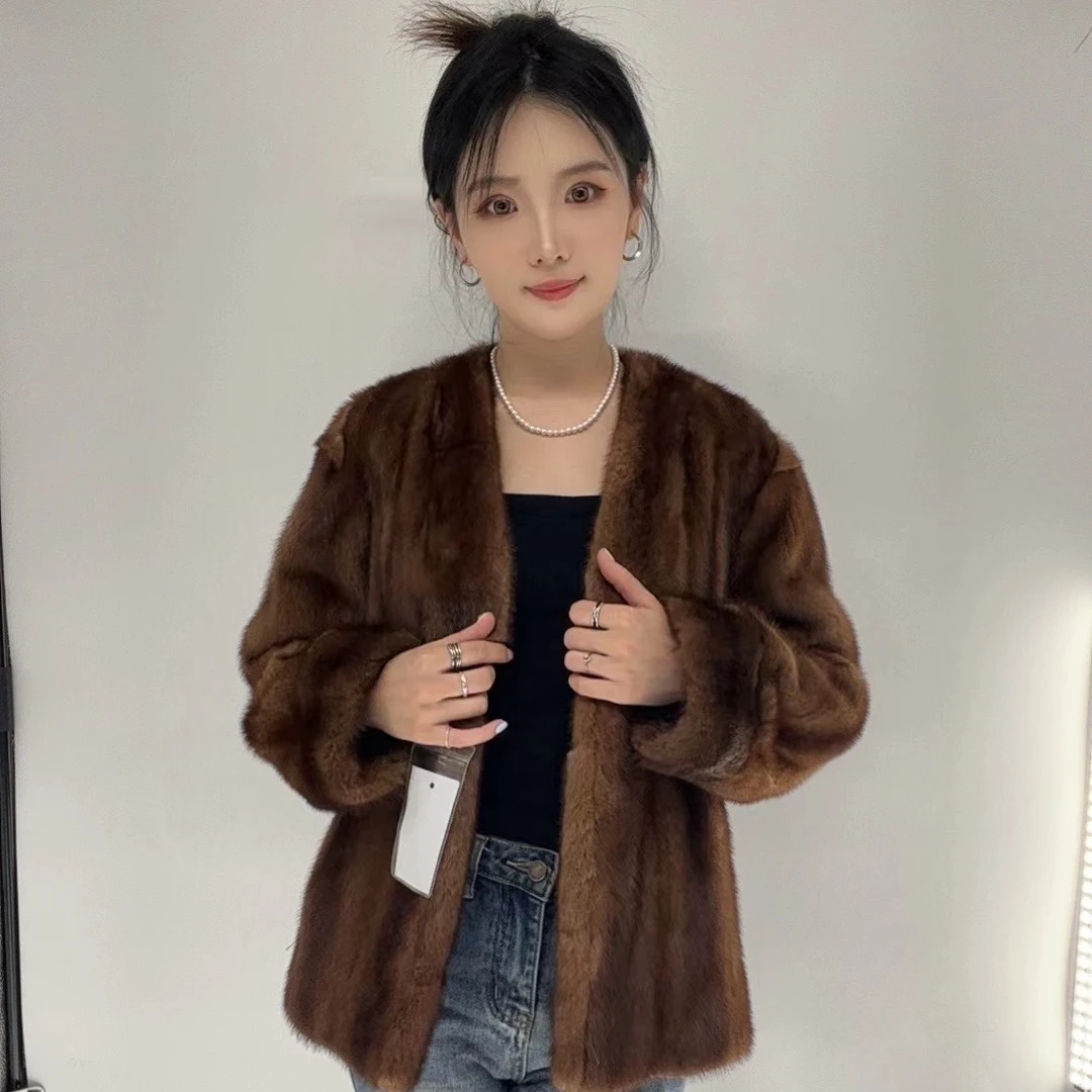 中古简约女款V领新款冬季大衣女士气质时尚款外套百搭