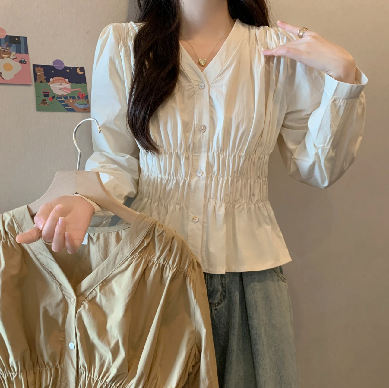 2025新款V领衬衫春季长袖收腰洋气遮肚子女褶皱小衫气质上衣0805