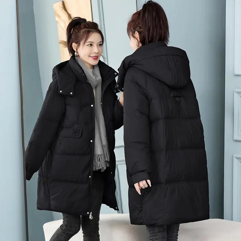 艾莱依反季中长款羽绒服服女韩版宽松棉袄2023年新款冬装胖mm棉衣