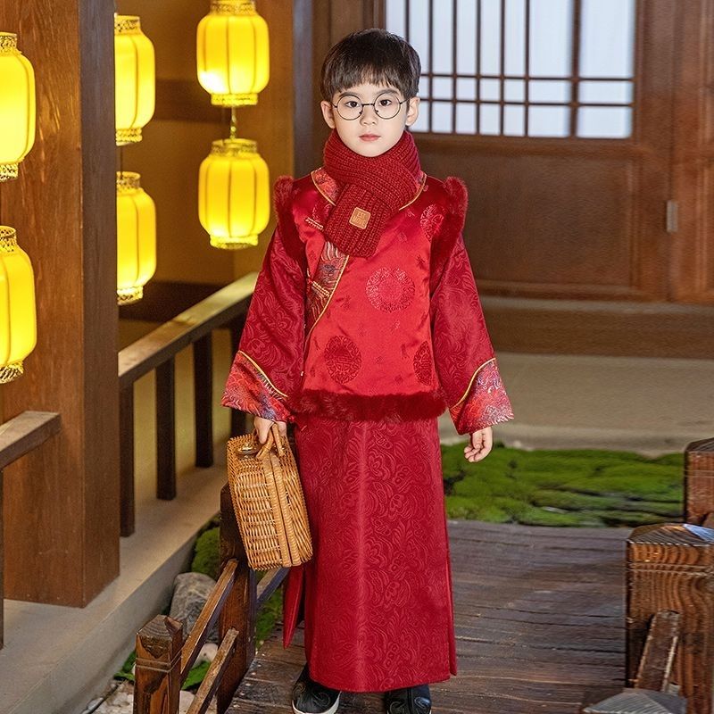 汉服男童冬款拜年服兔年过年喜庆衣服男孩冬季加厚国风唐装国学服