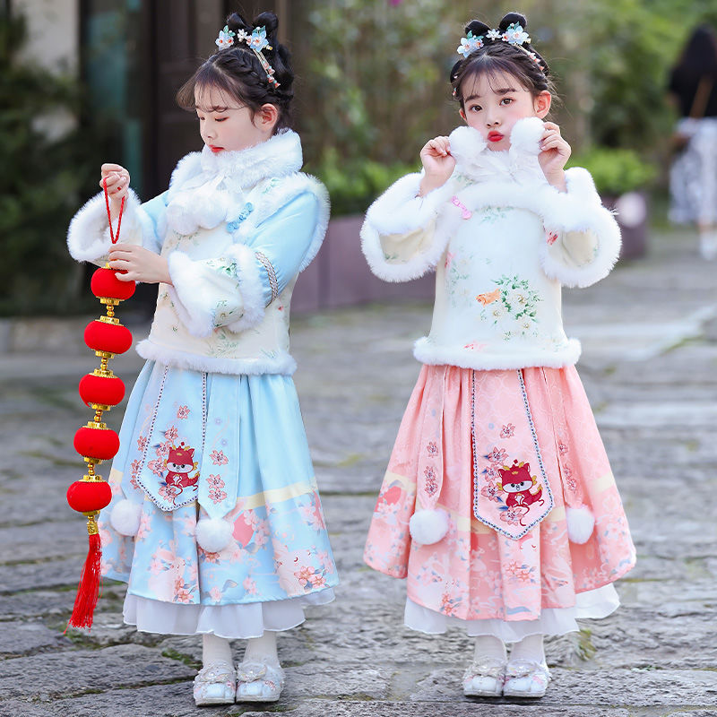 汉服女童冬装儿童套装新款冬季加绒加厚古装拜年服中国风喜庆唐装