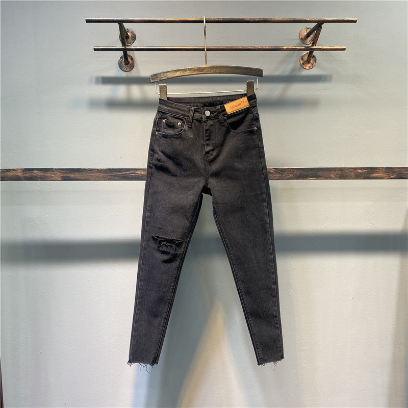 欧洲站2023秋季新款黑色高腰牛仔九分裤女显瘦磨破毛边小脚铅笔裤