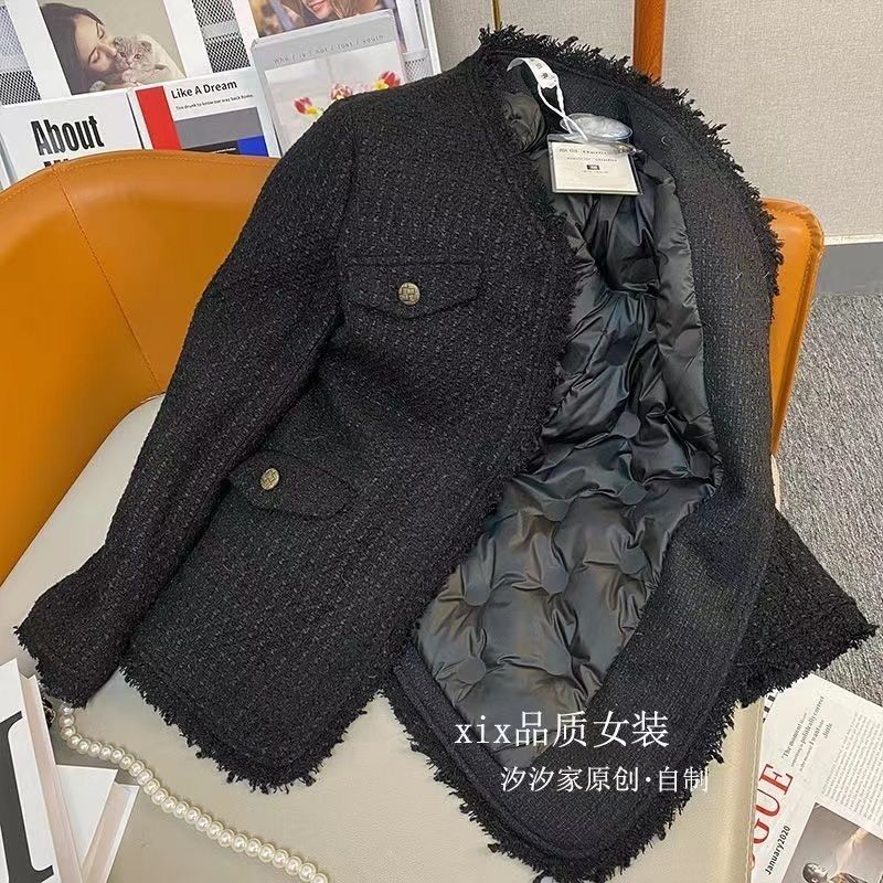 波登司羽绒服白鸭绒新款爆款黑色小香风秋羽绒高级感粗花呢子白鸭