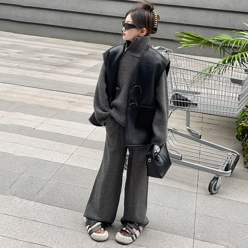 女童冬季韩范新款斜拉链针织套装加厚高领两件套潮款秋冬百搭网红