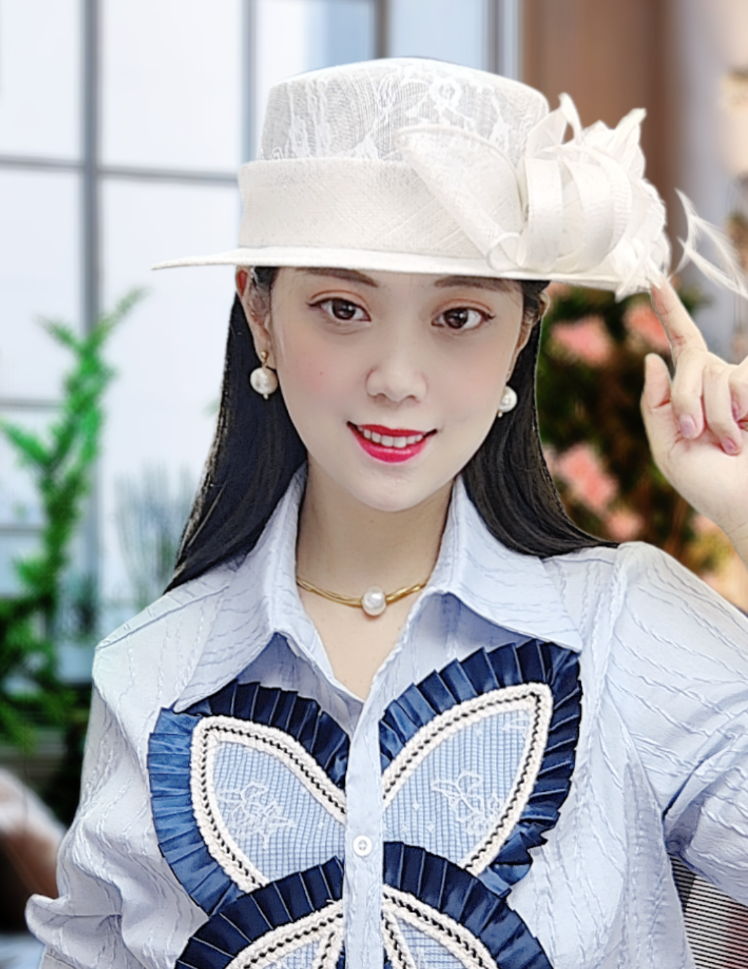 {粉红女郎}英伦复古时尚优雅平顶菲律宾麻纱帽羽毛花朵透气防晒