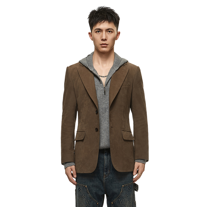 BETREE BEAR 单排扣皮西服男士磨砂山羊皮手工半麻衬高级真皮西装