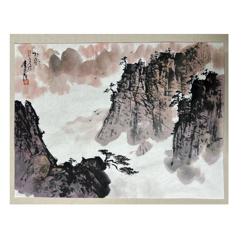 孤品原稿纯手绘朝鲜画家纸本彩墨画（紫气东来）40X60CM