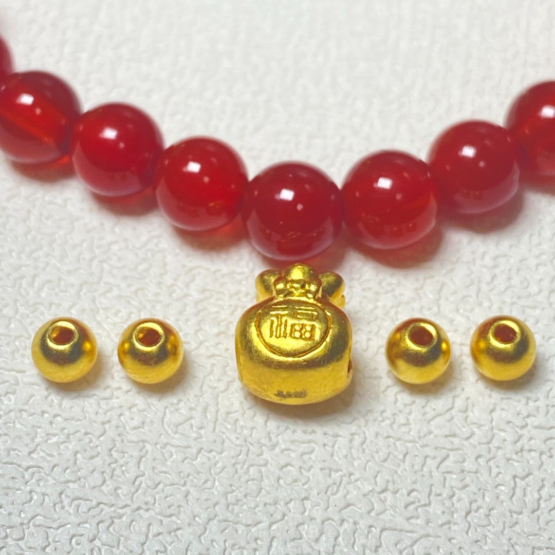 真甄 足金999福袋+卡4古法4颗编好 红玛  瑙手串@@A202