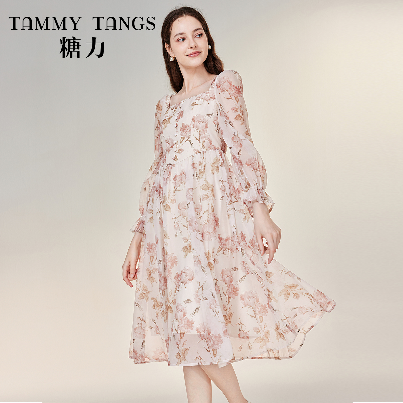 【官号专属】糖力中长款欧根纱印花连衣裙