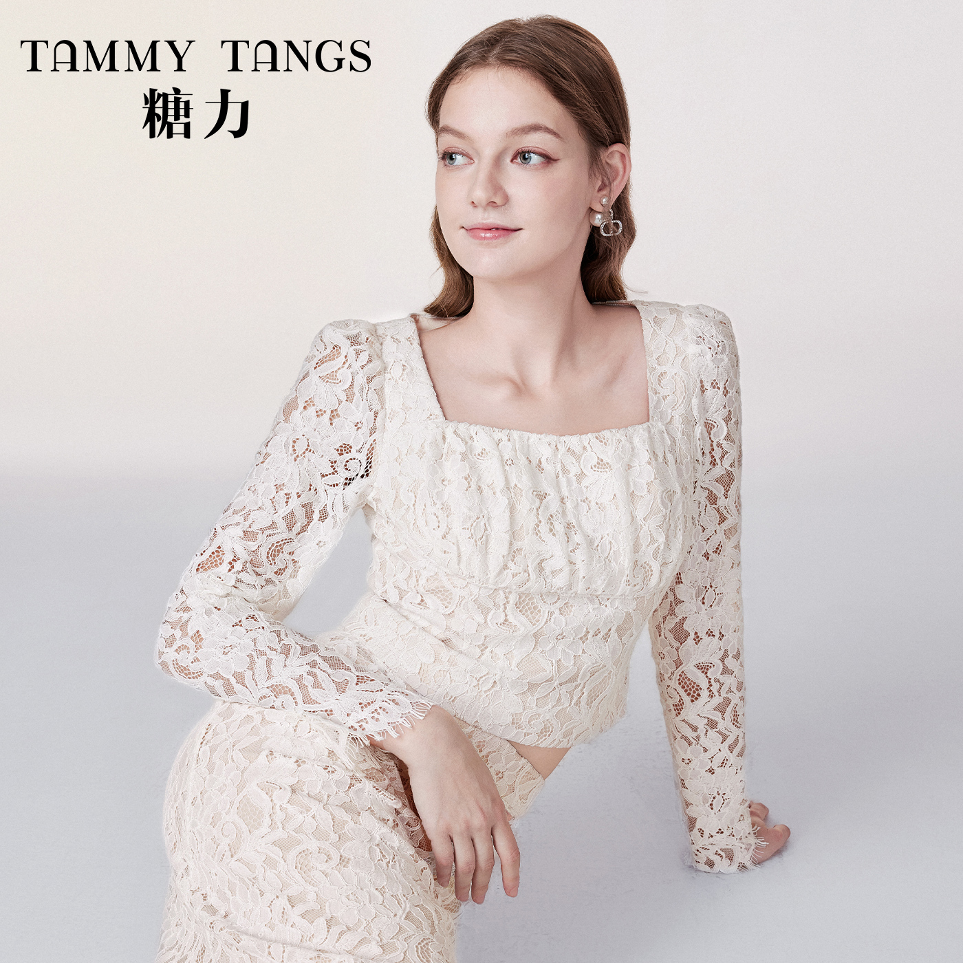 【官号专属】糖力春秋新款优雅淑女长袖显瘦短款蕾丝衫上衣女