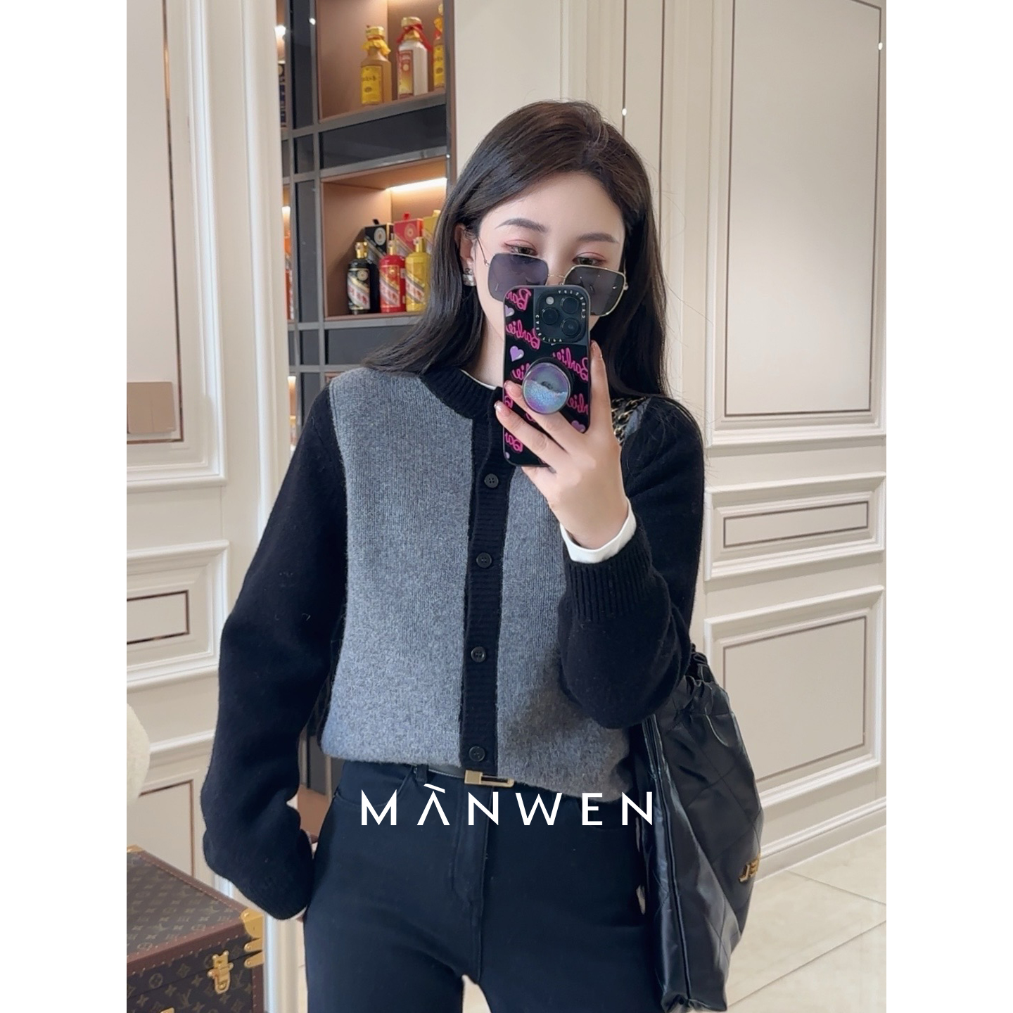 【曼文kiki】经典碰撞 黑灰撞色100羊毛针织衫 MANQ345