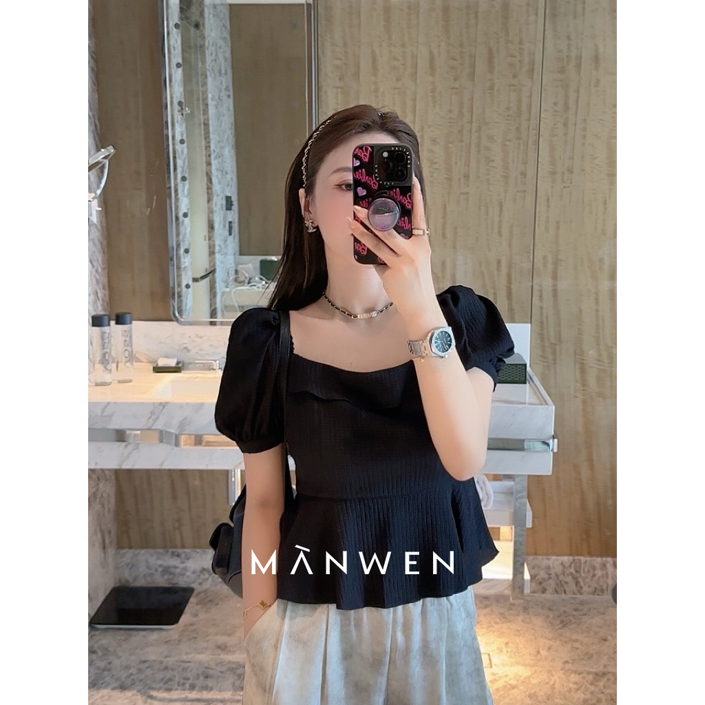 【曼文kiki】巨显瘦！法式方领高腰线泡泡袖短袖上衣 MAN1026