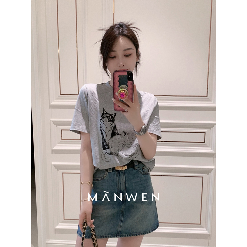 【曼文kiki】“素描猫咪T”夏季可爱猫咪印花宽松T恤  MANC379