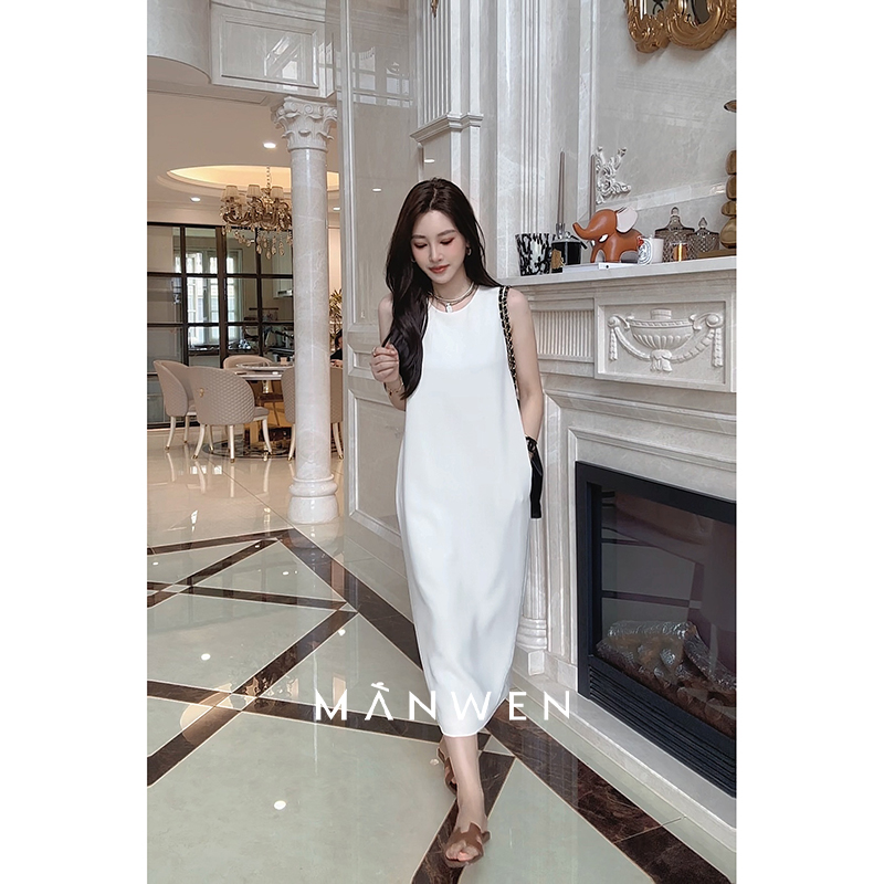【曼文kiki】“纯白月光裙”高级法式垂顺醋酸连衣裙  MANC448