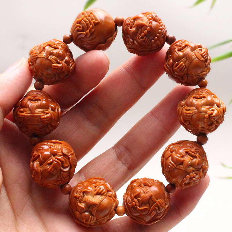 橄榄核核雕大籽荷叶财神手串男士