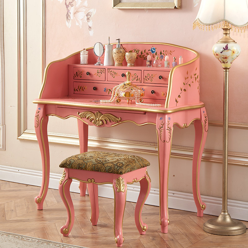 美式公主卧室彩绘梳妆台妆凳多功能书桌田园书台331