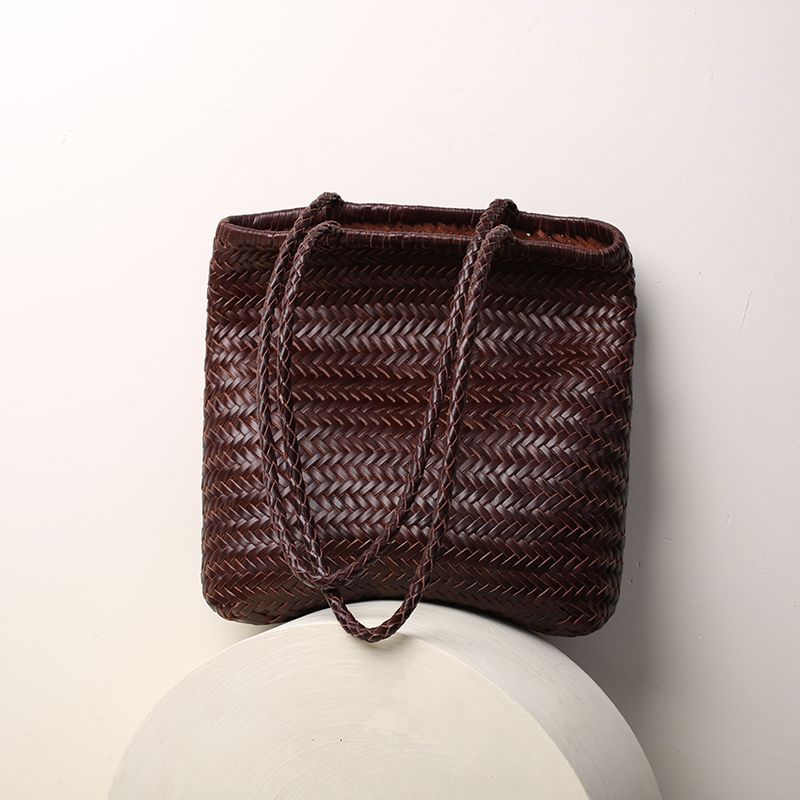 STAGN原创法式轻奢头层牛皮手工编织包单肩包复古真皮大包大容量