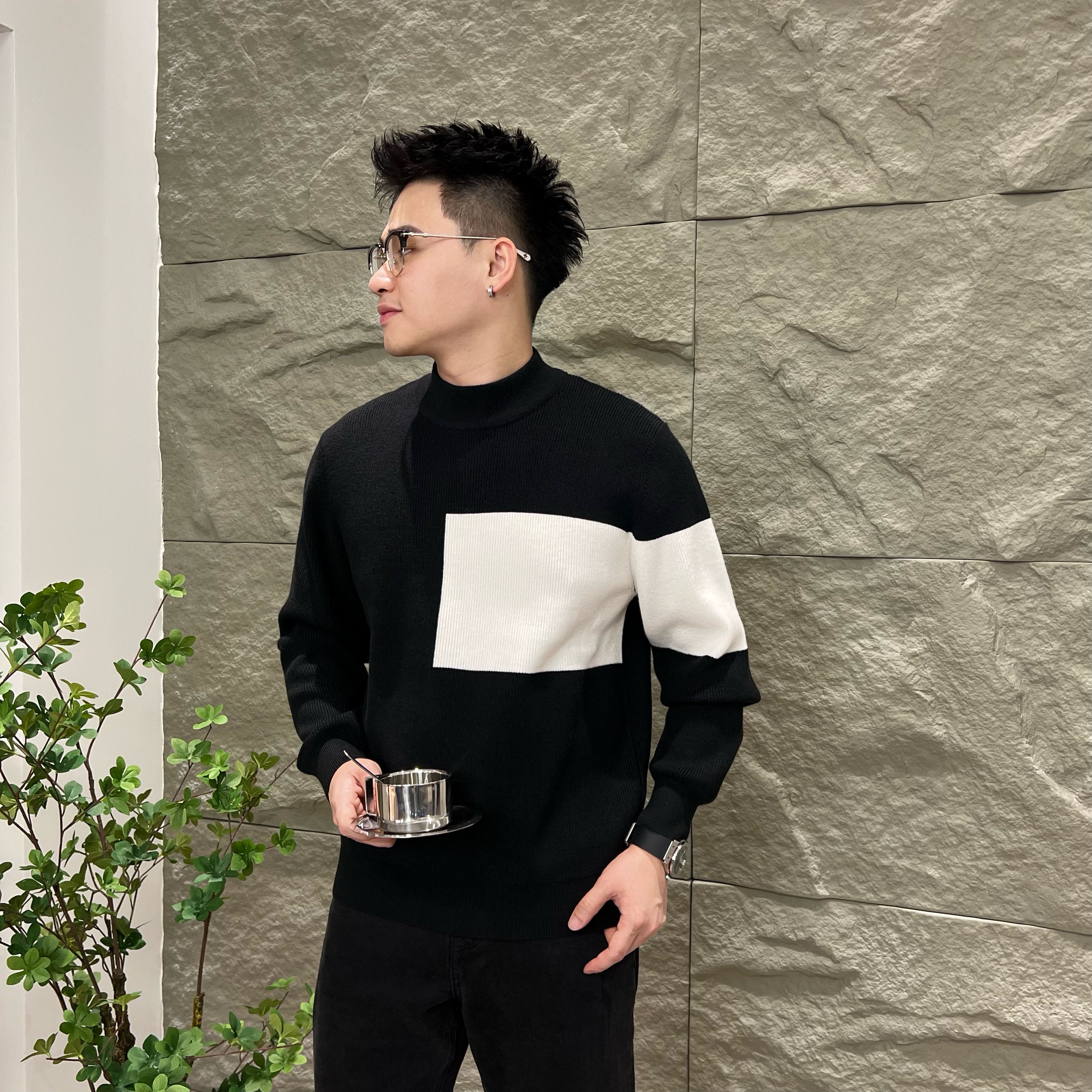 秋季男士休闲潮流时尚拼接针织高级感长袖撞色圆领套头毛衣#7704