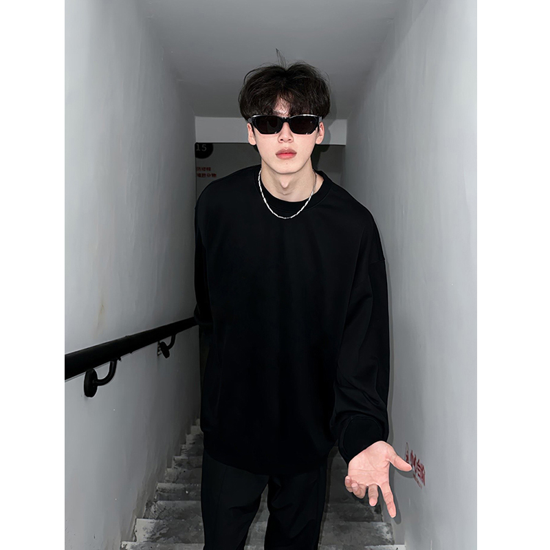 美式正肩黑色长袖t恤男纯棉重磅圆领春秋cleanfit叠穿内搭打底衫