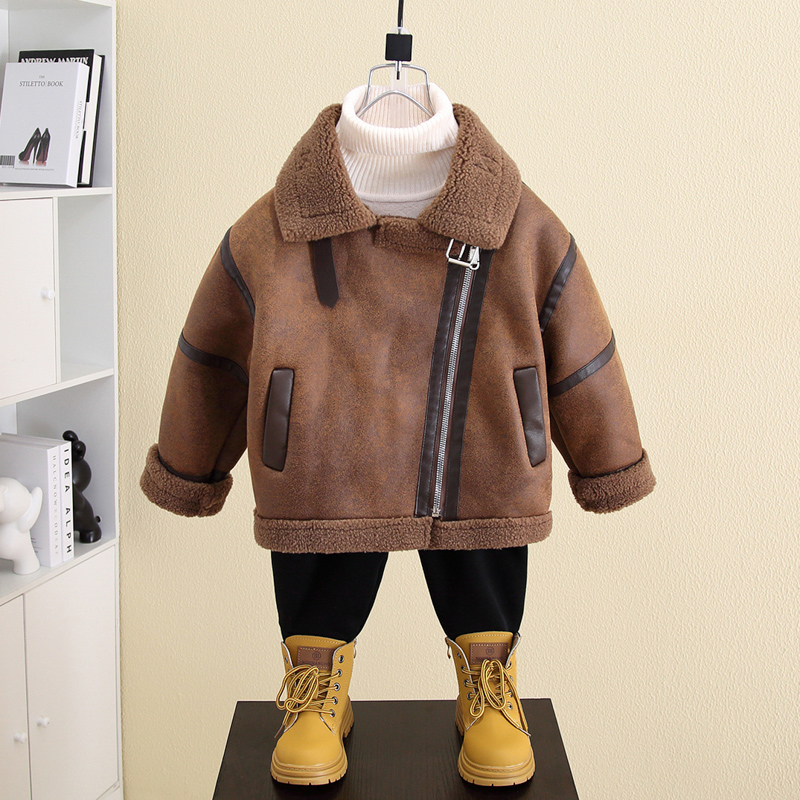 男童2025秋冬新款加绒加厚皮毛一体韩版休闲中小童皮衣外套潮酷