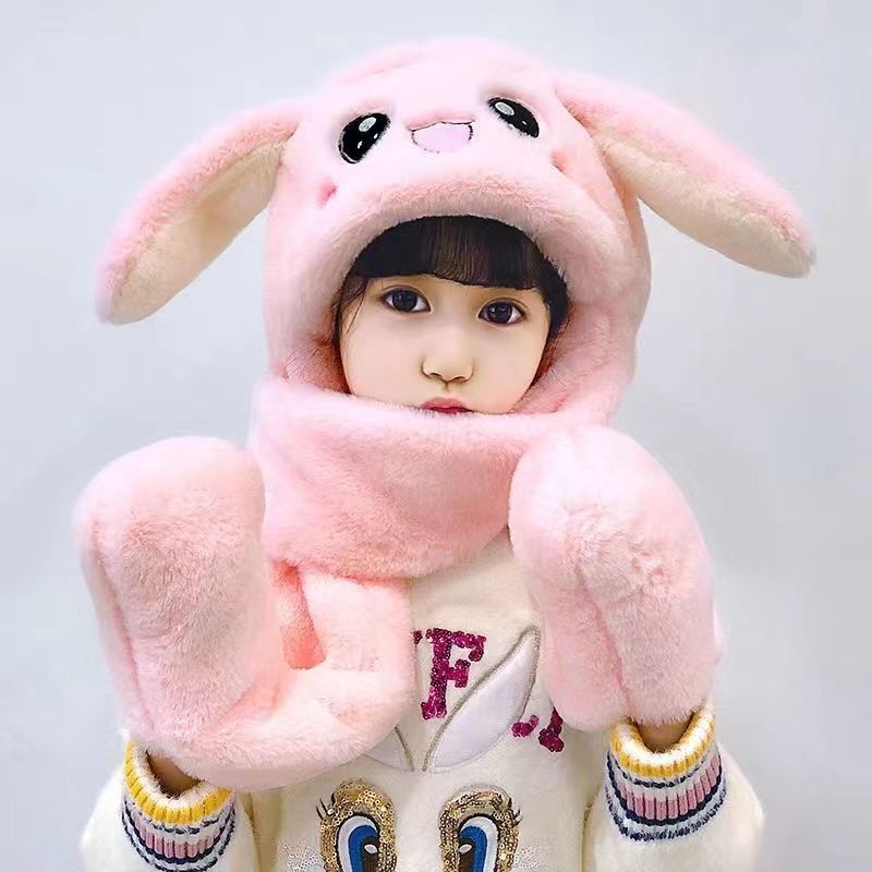 儿童帽子围巾一体秋冬可爱兔子耳朵会动三件套男女童加厚围脖宝宝