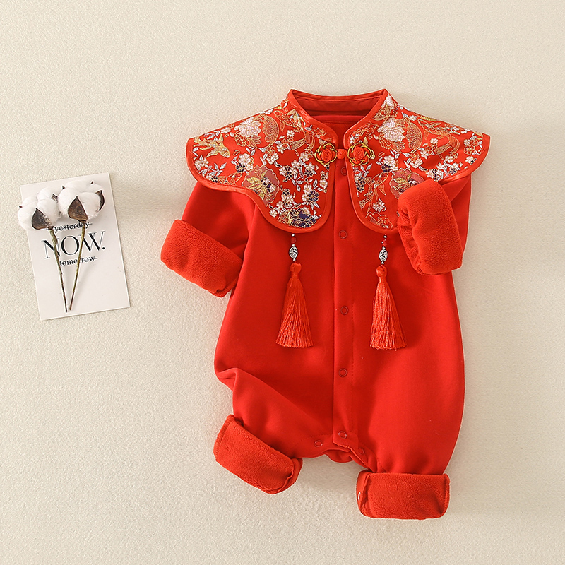 婴幼儿冬季衣服红色喜庆满月公主抓周服女宝宝外出抱衣周岁礼服潮