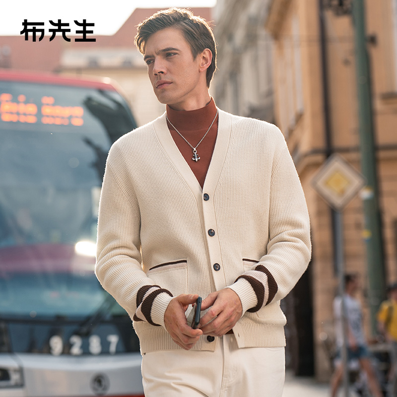 Mr.Bu布先生条纹撞色v领羊毛开衫男士方形口袋毛衣外套BT12310