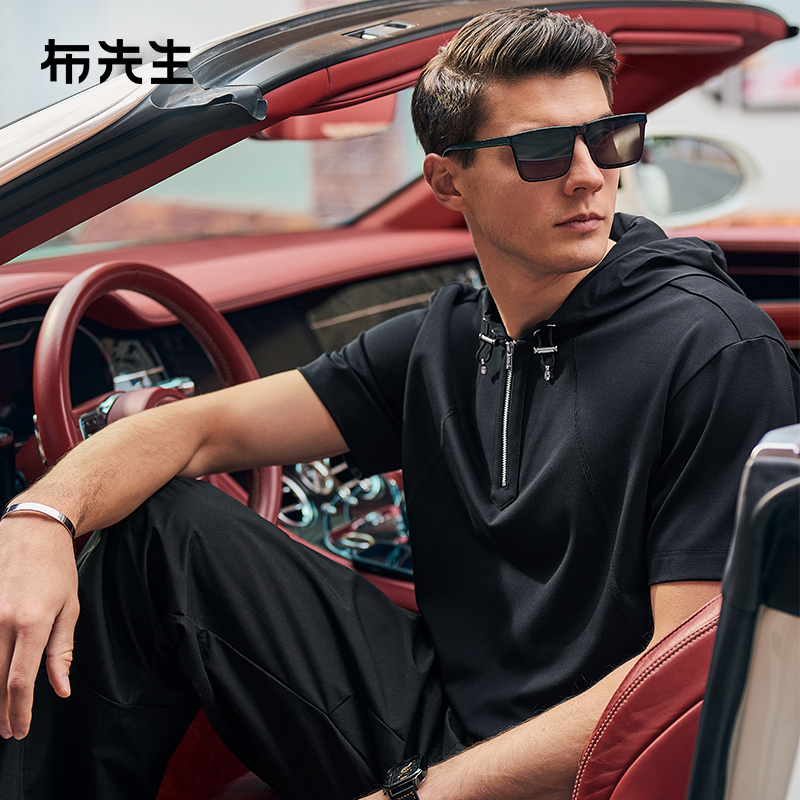 布先生连帽男士短袖T恤初秋新品透气凉感户外时尚男上衣AT12068