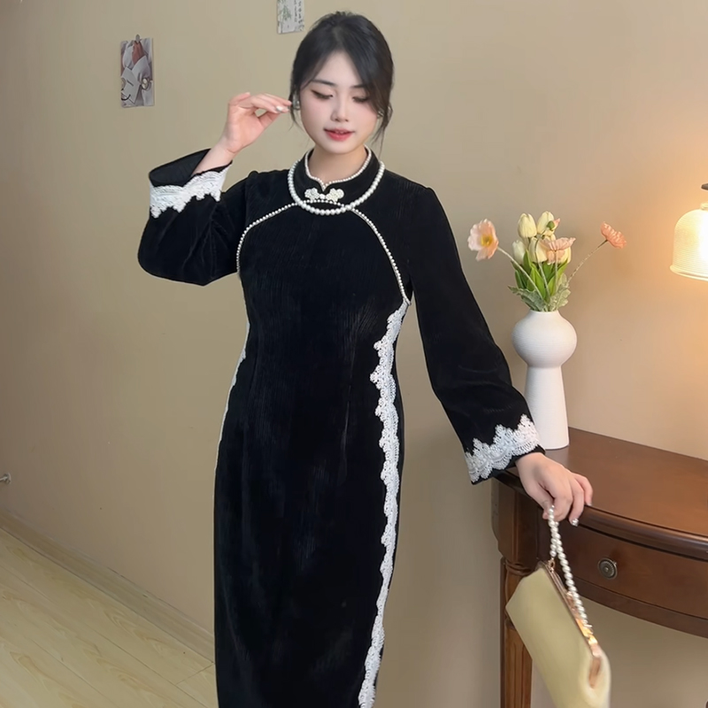 【自制款】遇见大码胖mm秋冬黑色显瘦新中式旗袍连衣裙雪尼尔复古