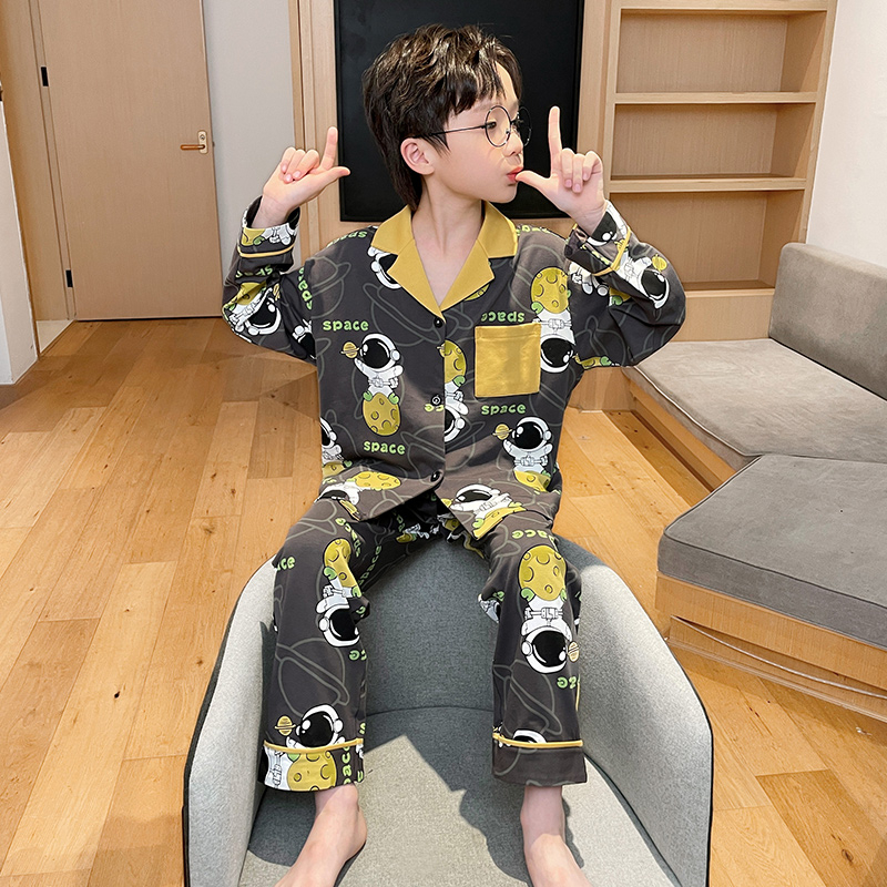 睡衣男童2023新款春秋季长袖开衫套装小男孩中大童洋气儿童家居服