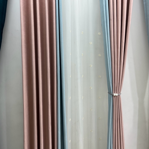 法兰棉棉麻樱花粉拼婴儿蓝成品窗帘卧室简约装饰纯色混纺加厚