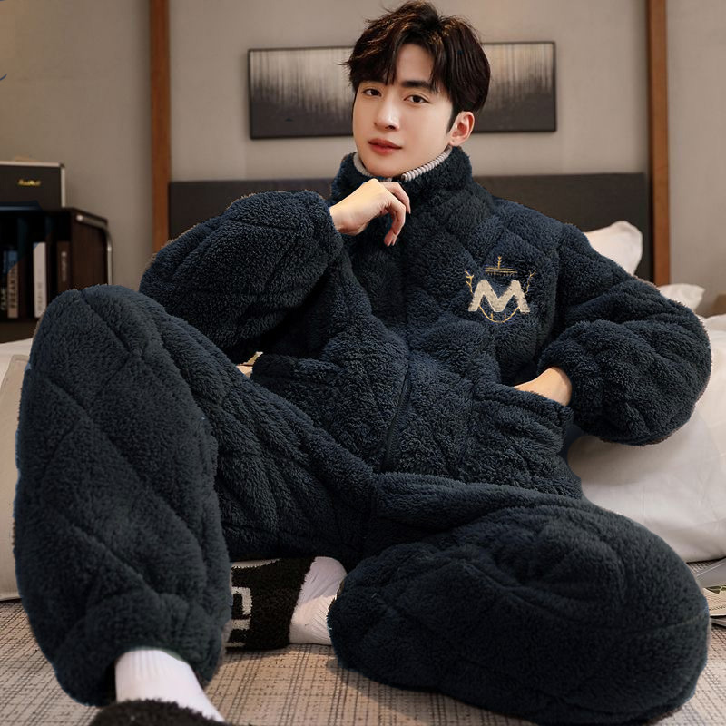 睡衣新款男士冬季珊瑚绒加厚加绒三层夹棉法兰绒秋冬款拉链家居服