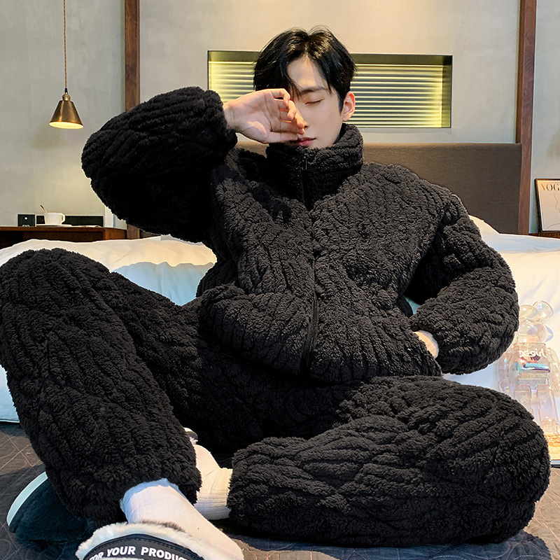 冬季男士新款珊瑚绒加厚加绒三层夹棉长袖长裤睡衣开衫家居服套装