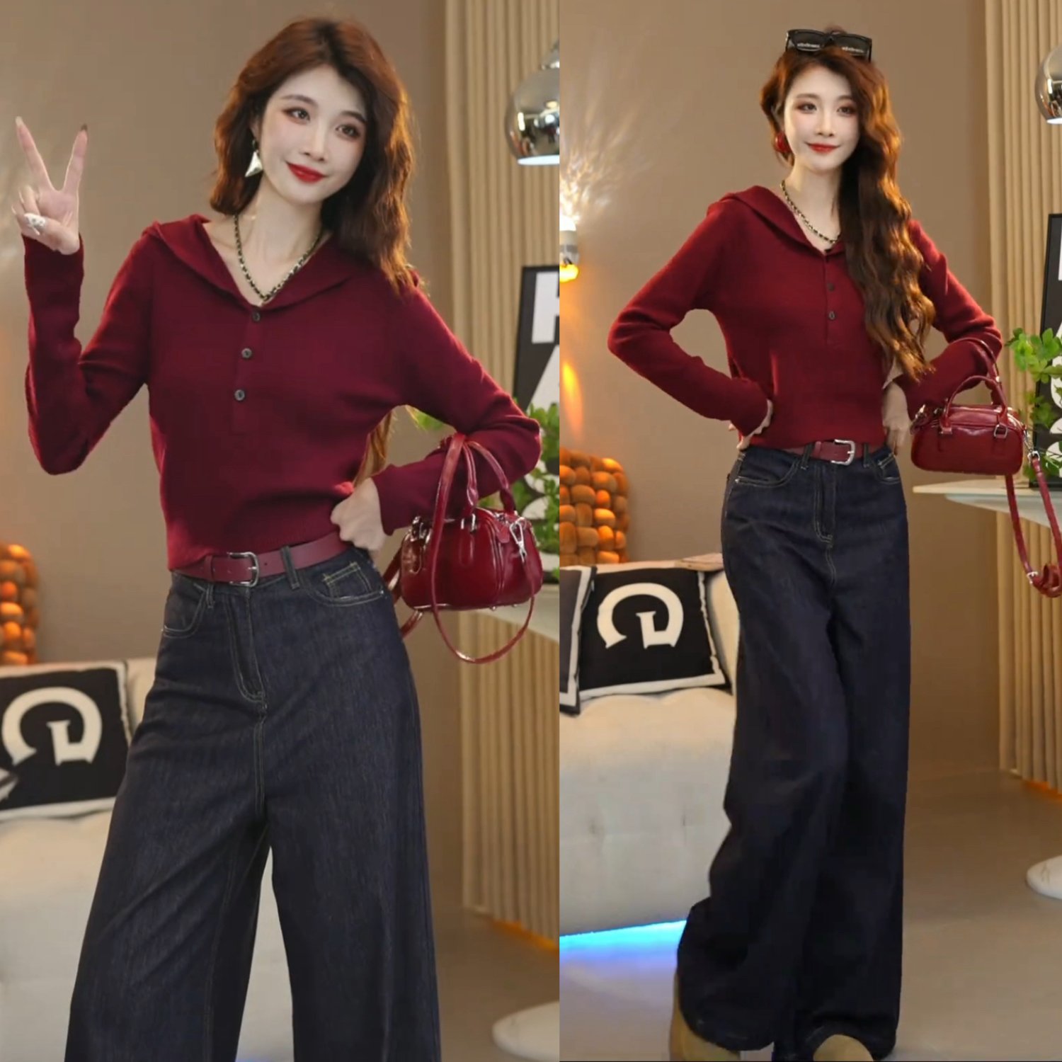 秋季新款洋气连帽毛衣针织长袖打底上衣+复古直筒阔腿牛仔裤