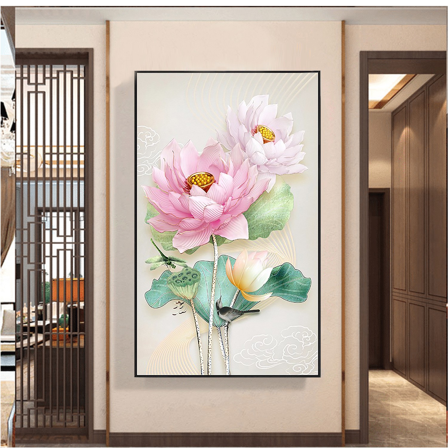 爱阁十字绣 祥荷 (金丝布）简约吉祥荷花手工线绣小件装饰画玄关 