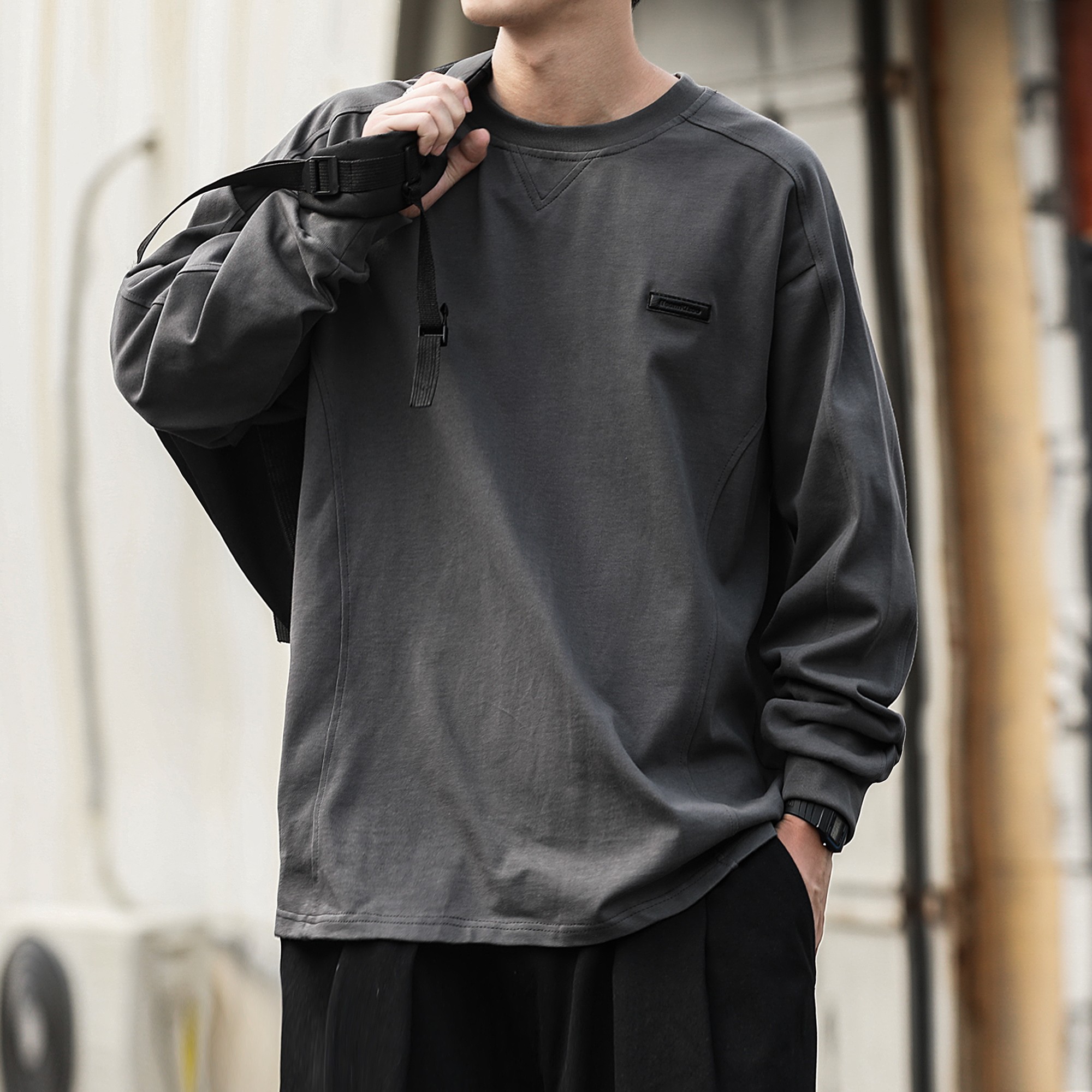 290g日系复古春秋季男生分割拼接插肩长袖圆领T恤休闲内搭上衣潮