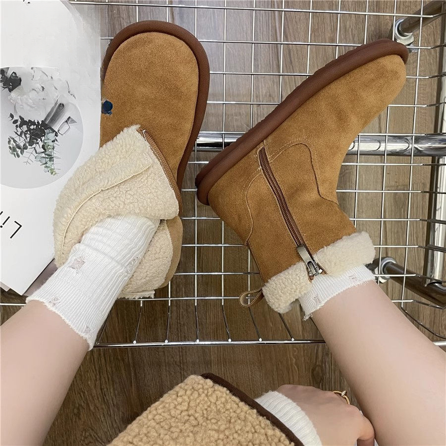 新款冬季时翻毛皮棉鞋女冬平底加绒短靴新款冬款防滑保暖雪地靴百
