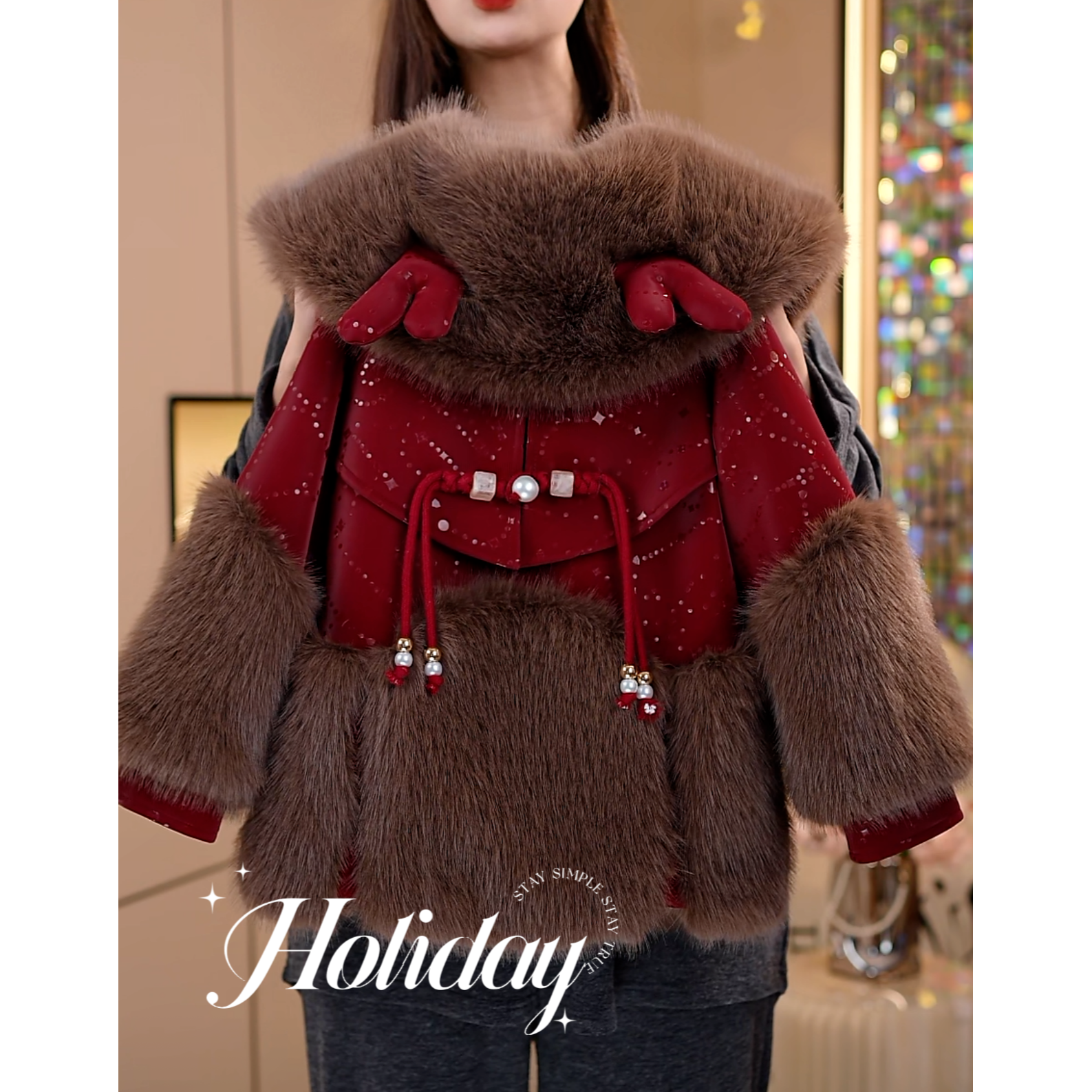 现货-女童新年装外套2024新款冬装洋气加绒加厚中长款红色草草