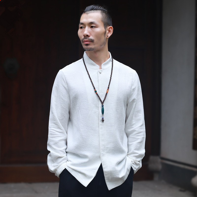 春秋中国风男装长袖亚麻衬衫男士唐装上衣复古中式衬衣棉麻禅茶服