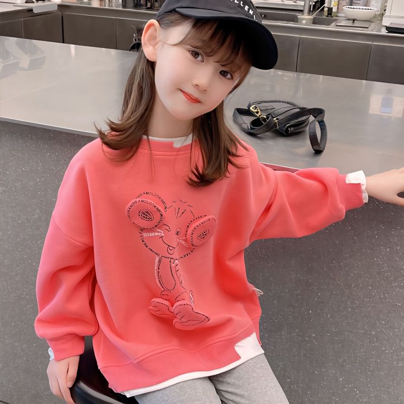 女童卫衣秋装2023新款小女孩假两件春秋款宽版中长款儿童长袖上衣
