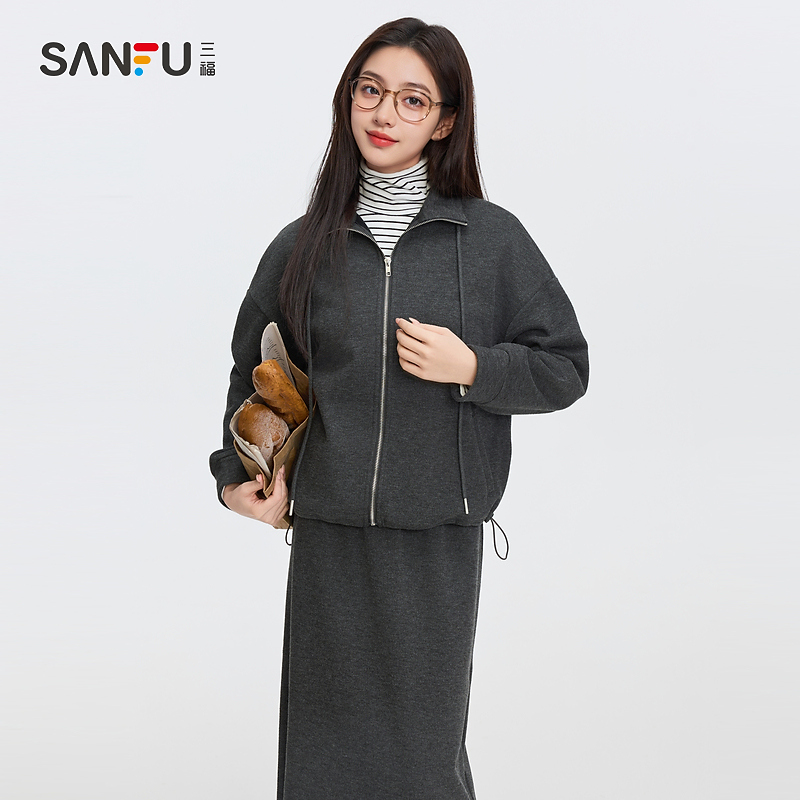 三福裙套装2024冬季休闲抽绳翻领卫衣半裙两件套女装496902