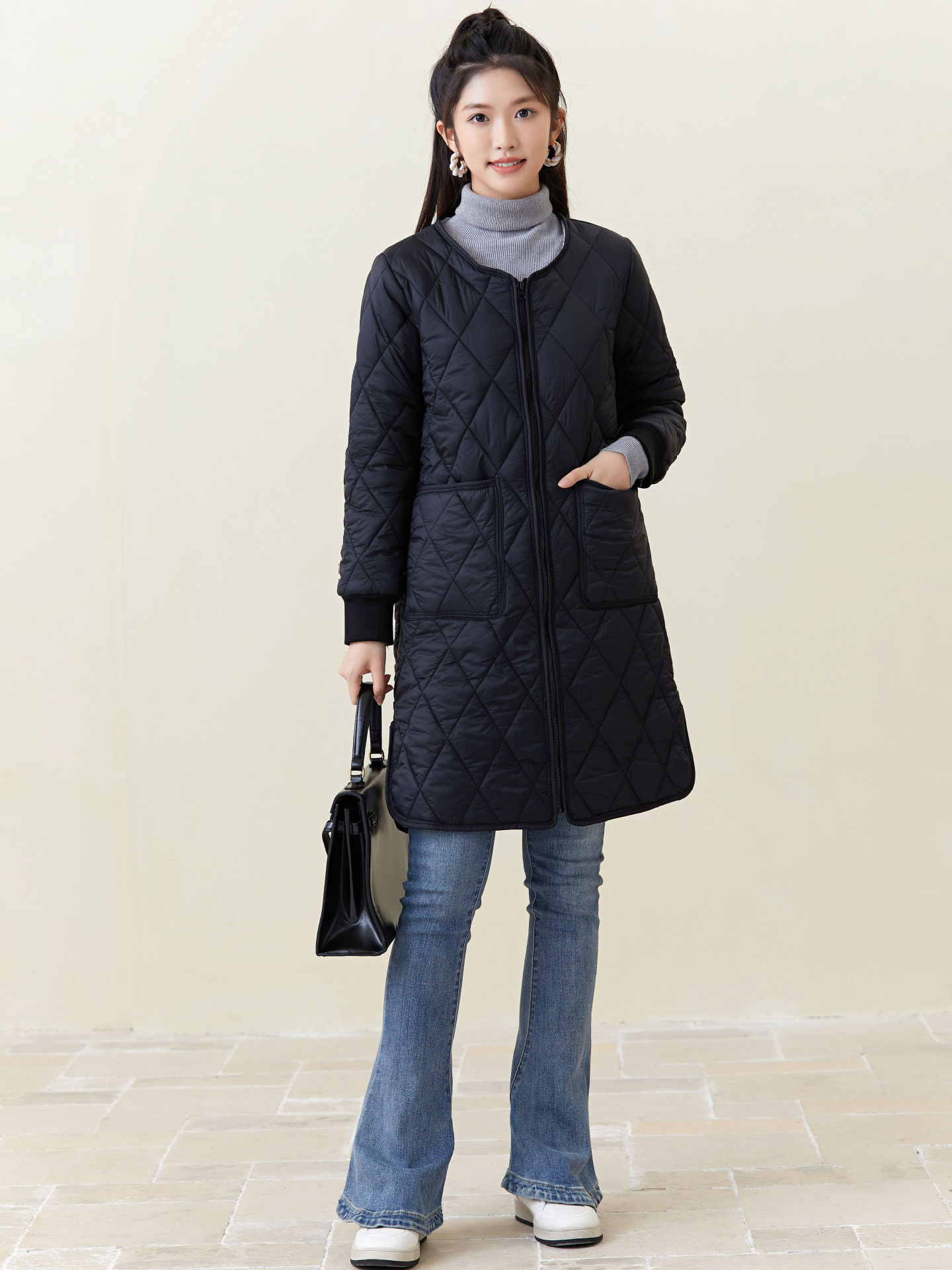 女士加厚保暖长袖夹棉女款家居长款棉衣棉服加绒一体袖子带毛