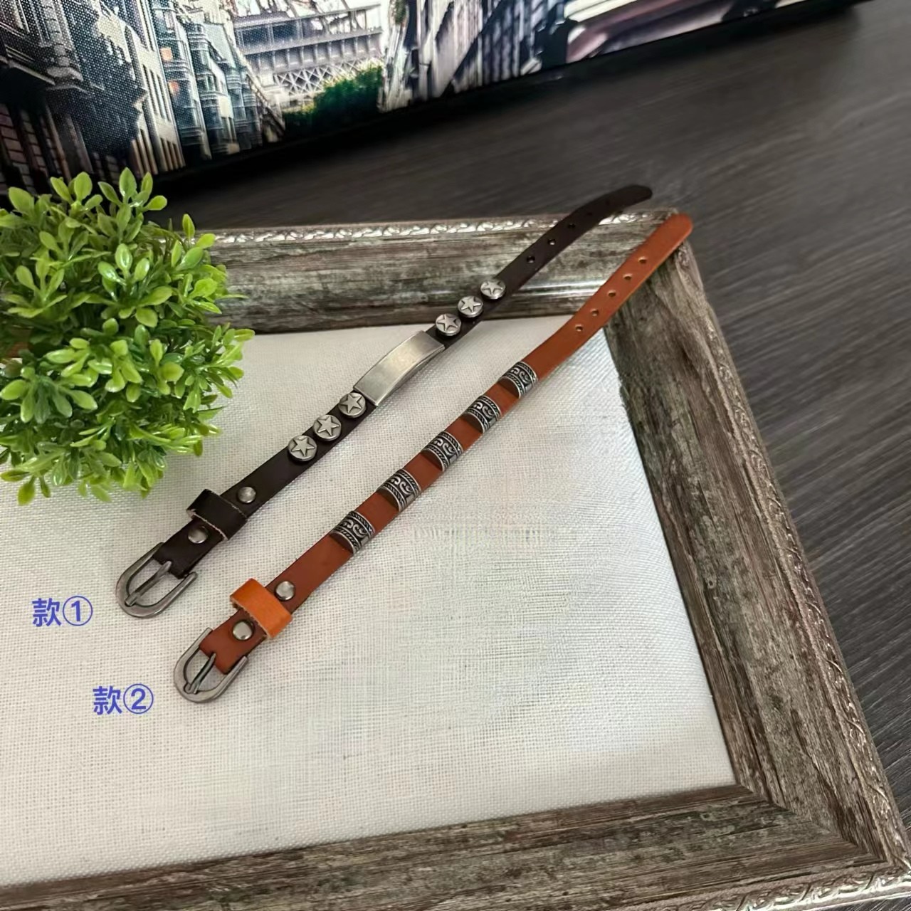 合金手镯 朋克真皮手链手镯个性牛皮铆钉手环