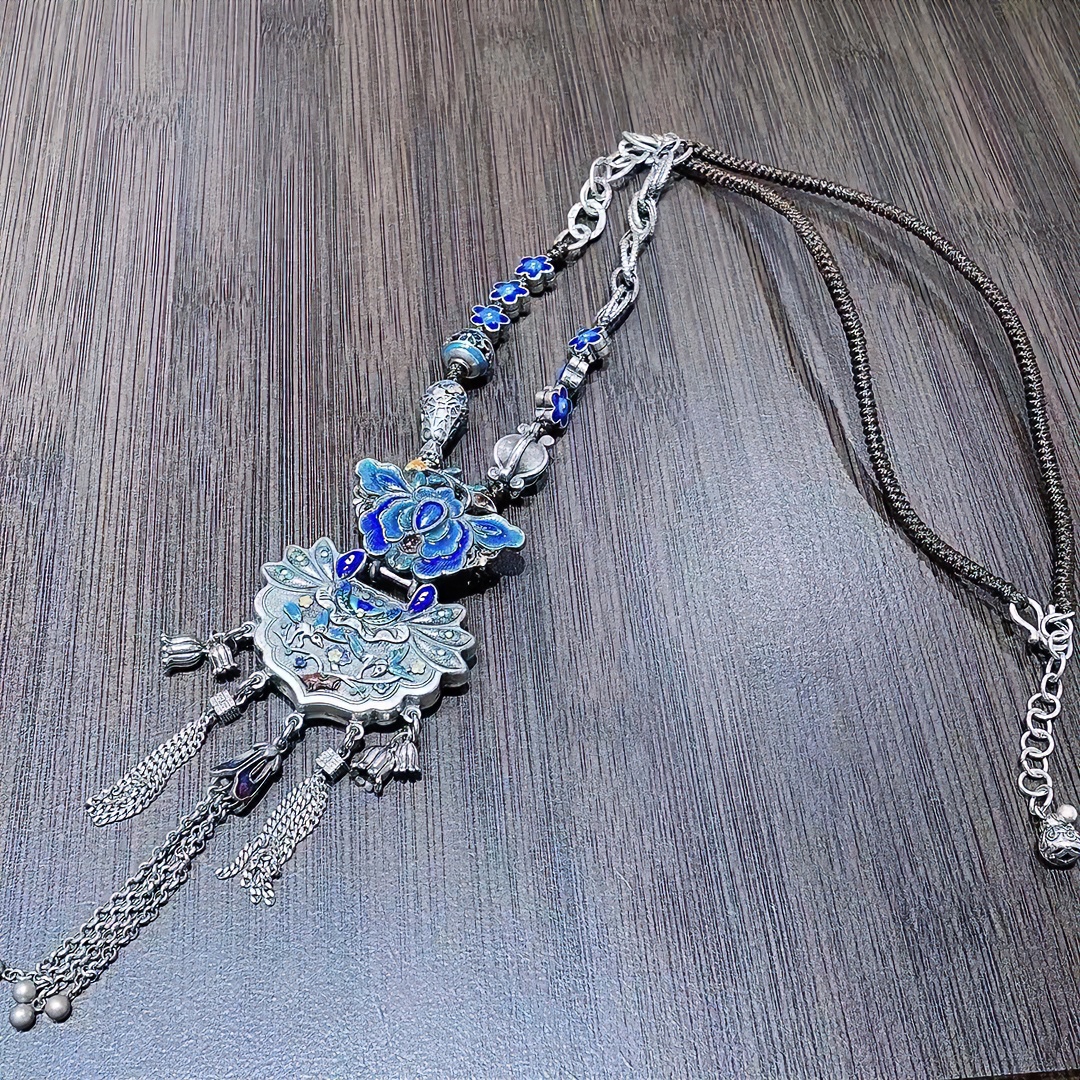 坠链均925银 S925银蝴蝶牡丹喜上眉梢民族风古风流苏毛衣链      