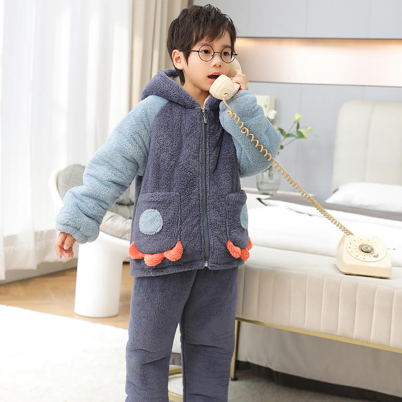 男童冬季加厚加绒加厚睡衣男孩宝宝中大童加绒保暖外穿家居服套装