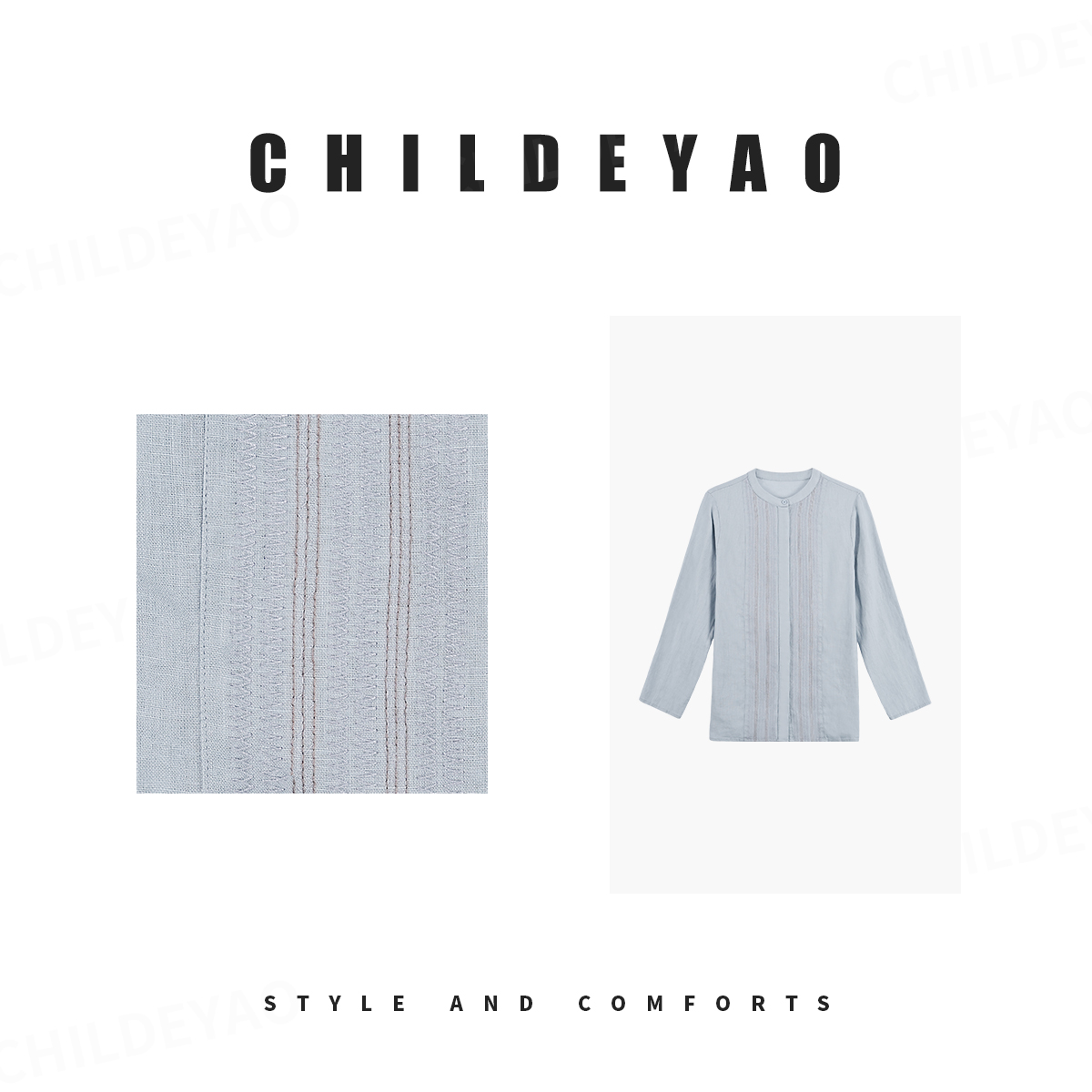 Childe Yao【蓝屿风】+100%亚麻刺绣酵素水洗冰川蓝衬衫A4005