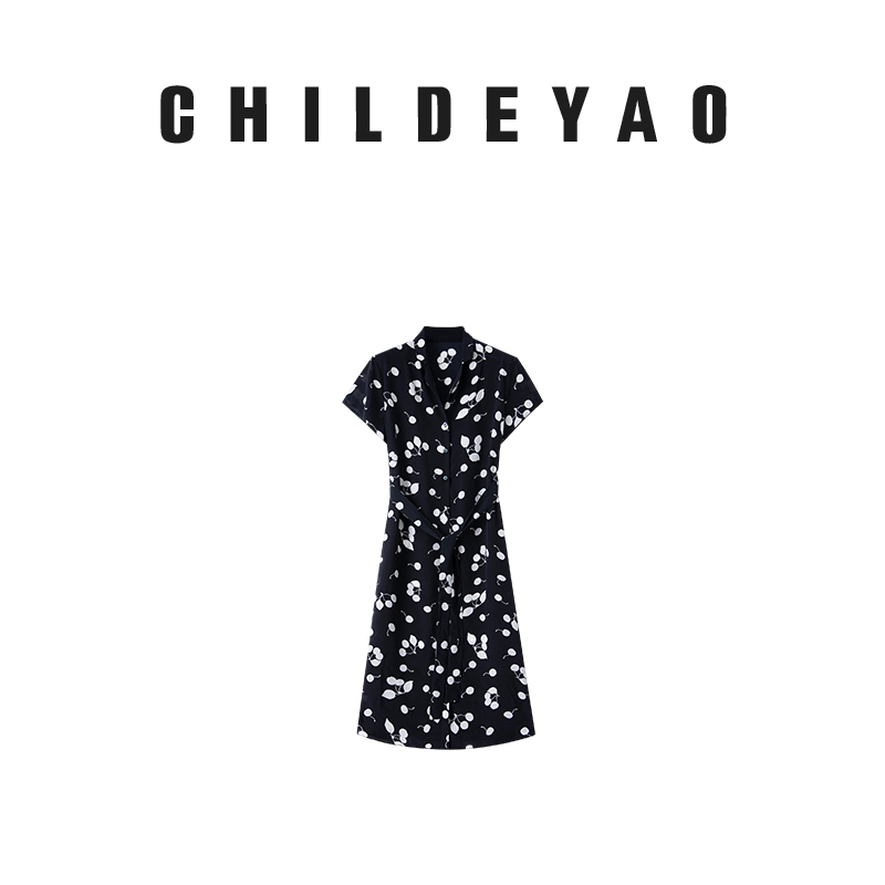 Childe Yao复古翻领黑色碎花连衣裙女夏季新款气质收腰长裙1085