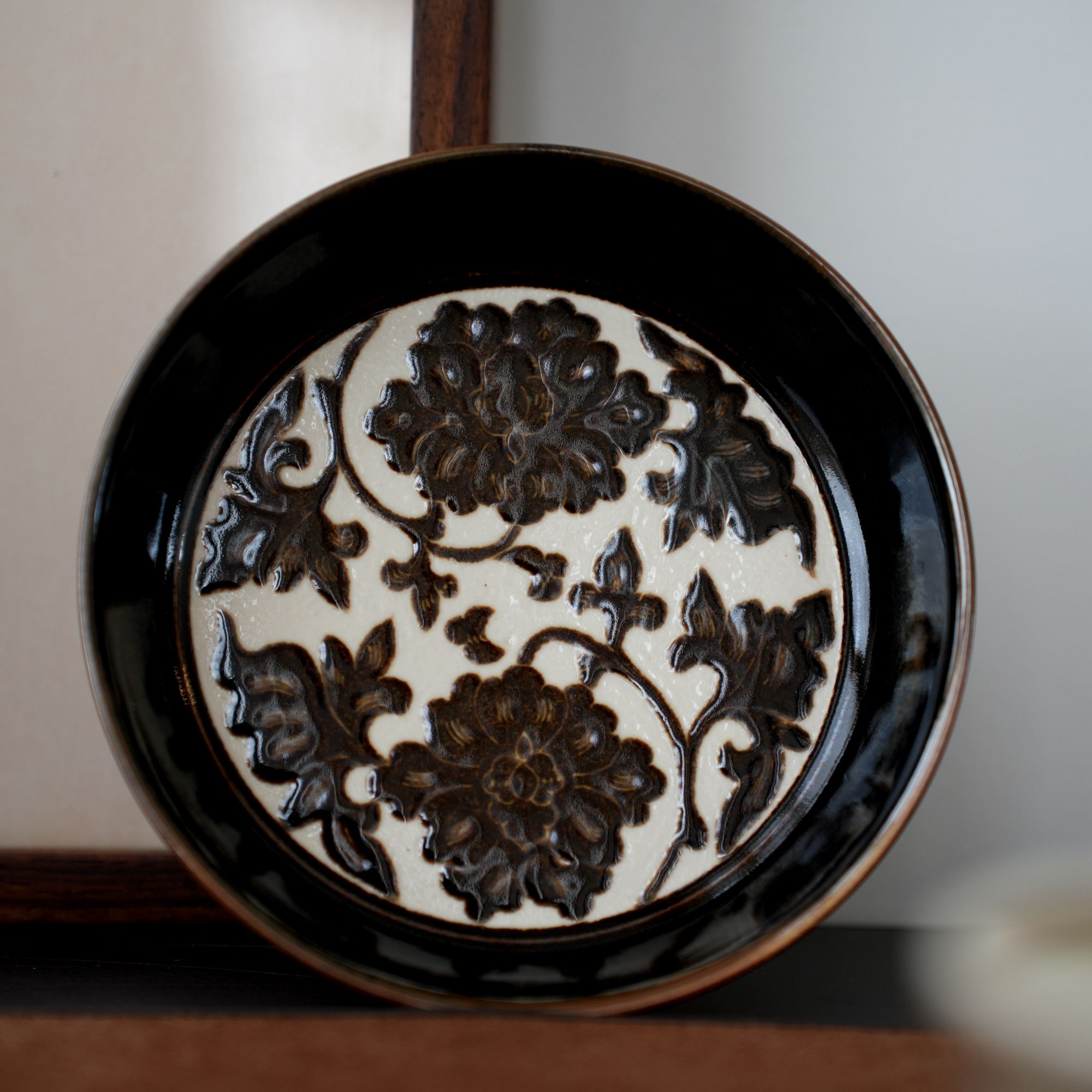 豆勇制瓷个人手作白黑釉剔花缠枝牡丹纹壶承盘茶盘茶承复古磁州窑