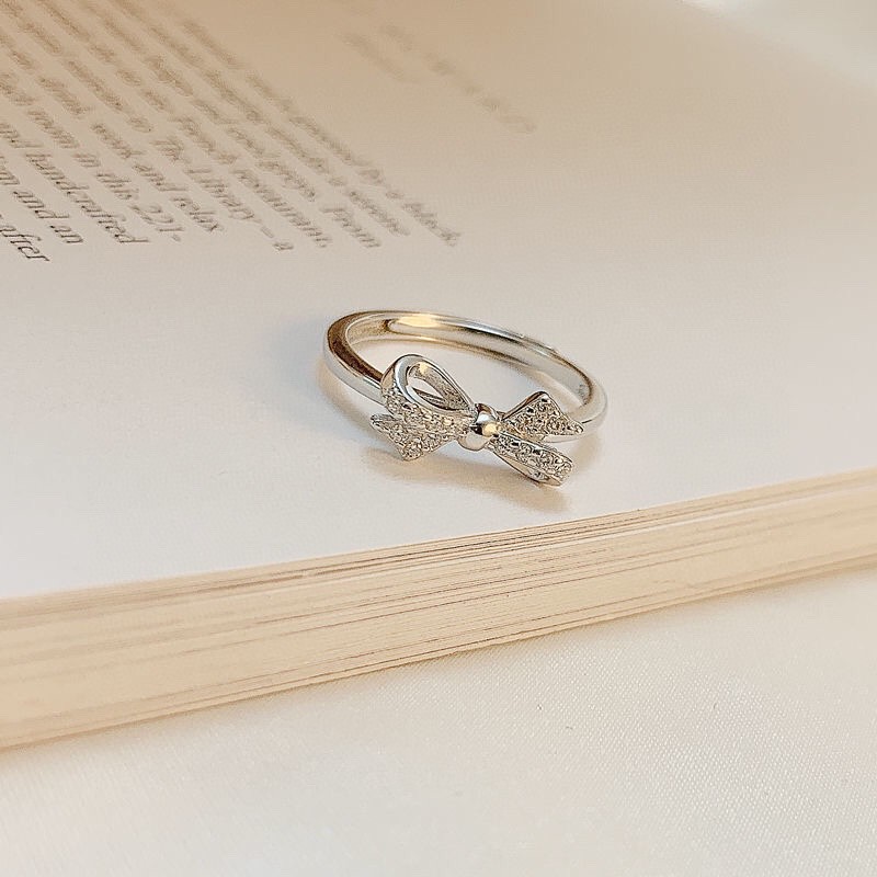 足银合成锆石戒指 微镶蝴蝶结足银990简约戒指女可调节纯银气质