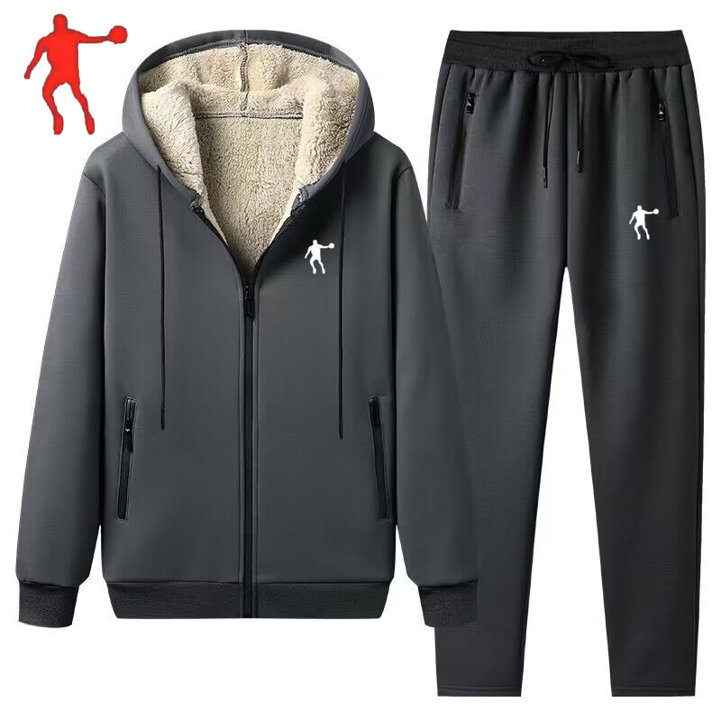 乔丹格兰羊羔绒休闲运动套装男冬季加绒加厚连帽保暖防风两件套潮